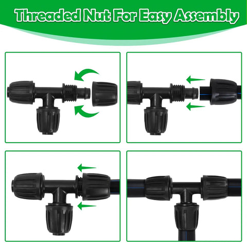 Rock Solid 10 Pack Half Inch Drip Irrigation Tee Fittings With Barbed Lock Nut T Connectors showing threaded nut for easy assembly.