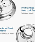 Stainless Steel Discus Padlock With Three Eighths Inch Hardened Shackle For Sheds, Garages, Fences And Storage Units, 70mm steel body close-up