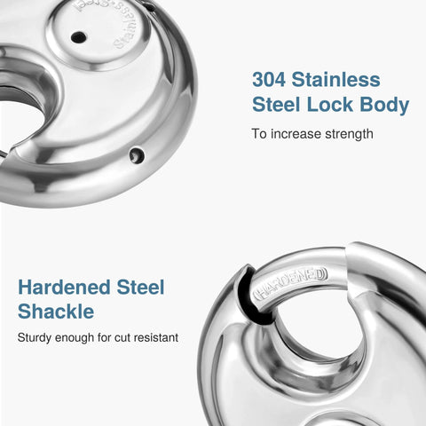 Stainless Steel Discus Padlock With Three Eighths Inch Hardened Shackle For Sheds, Garages, Fences And Storage Units, 70mm steel body close-up