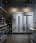 Built Tough For The Daily Grind 72 Inch Wide 3 Door Commercial Refrigerator And Freezer Combo in a modern kitchen setting.