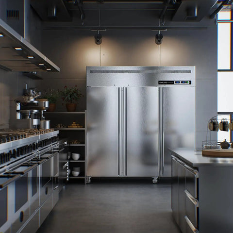 Built Tough For The Daily Grind 72 Inch Wide 3 Door Commercial Refrigerator And Freezer Combo in a modern kitchen setting.