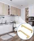Modern kitchen with 6 Pack Brushed Gold Cabinet Pulls Square Dresser Handles 5 Inch Center To Center displayed in a corner circle.