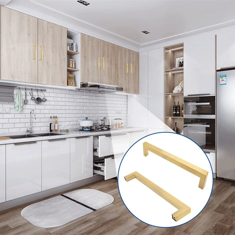 Modern kitchen with 6 Pack Brushed Gold Cabinet Pulls Square Dresser Handles 5 Inch Center To Center displayed in a corner circle.