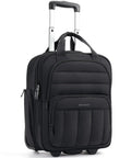 Underseat Carry On Luggage With Wheels For Women, 16 Inch Personal Item Bag in black, upright showing handles and wheels