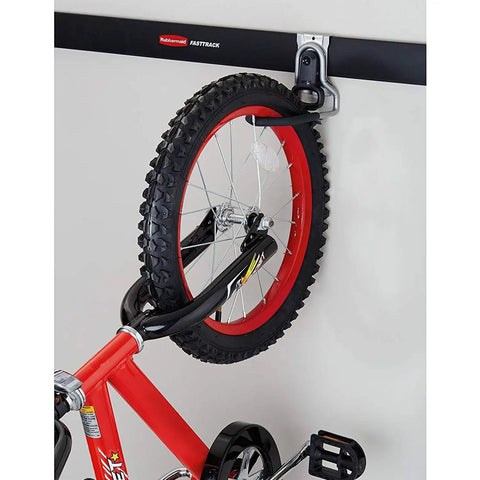 Heavy Duty Garage Bike Storage Hook Set Vertical Wall Mount Rack holding red bicycle by wheel on FastTrack rail