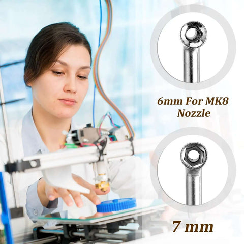Woman using 3D printer with All In One 3D Printer Nozzle Cleaning Kit With Ten Cleaning Pins Two Copper Wire Brushes included