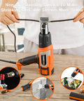 Hot Air Gun With 9 Temp Dial And 3 Fan Speeds in use for shrink wrapping cables, featuring versatile heat tool and accessories.