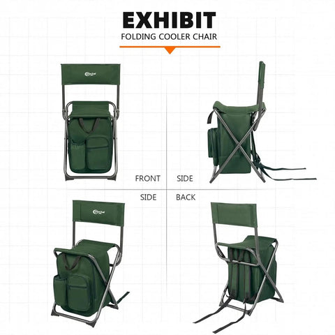 Backpack Cooler Chair With Backrest, Folding Camping Stool For Outdoors, Hiking And Travel in green, multiple angles shown