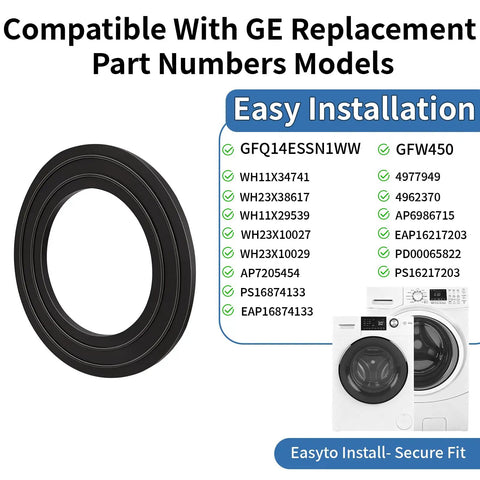 Two Pack Washer Drain Pump Gasket And Seal Ring Set For Washer Replacement Plug Seal For WH11X34741 WH11X29539 WH23X38617 WH23X10027 WH23X10029 Fits GFW450 GFQ14 Series Washer Models Leak Proof High Sealing Performance And Easy Install black gasket ring for GE washer, shown with compatible models
