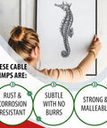 Person holding a framed seahorse illustration next to text highlighting aluminum crimping sleeves' features.