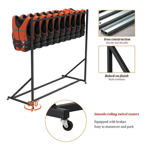 2-Tier Heavy Duty Life Vest Rack Metal Pool Equipment Storage Holder For Life Jackets Swimsuits Towels & Bath with orange vests