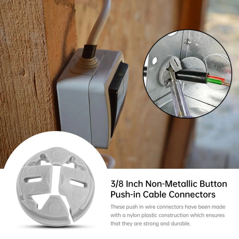 Thirty Five Pack Non Metallic Push In Cable Connectors For Three Eighths Through Half Inch Electrical Conduit Work Gray Plastic installed in junction box.