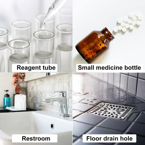 Image showing various items: reagent tubes for liquid, small medicine bottle with pills, restroom sink area, and a floor drain hole.