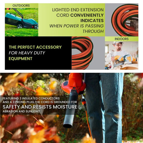 16/3 50-Foot Outdoor Extension Cord Not For EV Chargers Heavy Duty Weatherproof Contractor Grade SJTW in use outdoors