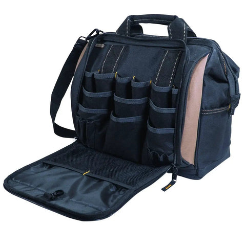 Heavy-Duty 30-Pocket Multi-Compartment Tool Carrier, 13-Inch, Zippered Side Panel Keeps Tools From Spilling, open showing pockets