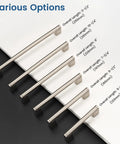 Various options of brushed nickel dresser cabinet pulls with different hole centers and lengths shown on a black and white background.