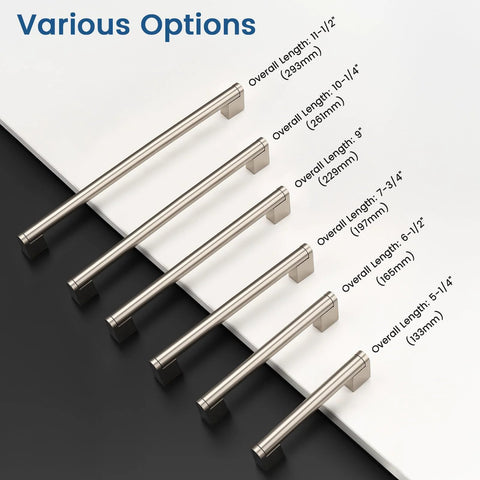Various options of brushed nickel dresser cabinet pulls with different hole centers and lengths shown on a black and white background.