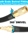 Reinforced Polyurethane Air Hose 3/8" Inner Diameter by 50' Long, Flexible, Heavy Duty Air Compressor Hose with Bend Restrictor, 1/4" Swivel Industrial Quick Coupler and Plug, Blue, swivel fittings on both ends