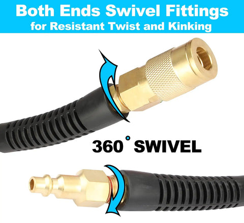 Reinforced Polyurethane Air Hose 3/8" Inner Diameter by 50' Long, Flexible, Heavy Duty Air Compressor Hose with Bend Restrictor, 1/4" Swivel Industrial Quick Coupler and Plug, Blue, swivel fittings on both ends
