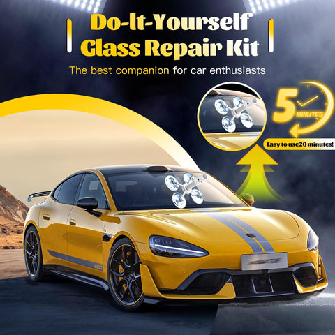 Fast Windshield Chip And Crack Repair Kit Four Pack For Cars With No Mixing Needed displayed on a yellow sports car