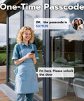 Person using app to unlock sliding glass door with Sliding Glass Door Lock With Biometric Fingerprint, Keypad, RFID And Remote App Control.