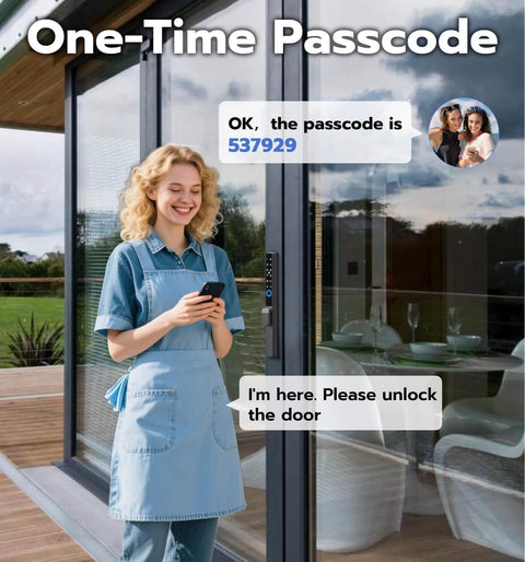 Person using app to unlock sliding glass door with Sliding Glass Door Lock With Biometric Fingerprint, Keypad, RFID And Remote App Control.