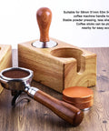 Sweet Beech Wood Coffee Tamper Stand With Clever Side Nook Securely Stores 51 To 58 Mm Tools with espresso maker and accessories.