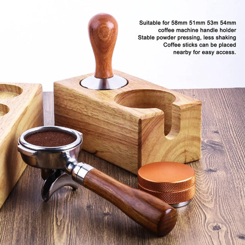 Sweet Beech Wood Coffee Tamper Stand With Clever Side Nook Securely Stores 51 To 58 Mm Tools with espresso maker and accessories.