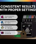 3D printer with settings for ASA 3D Printer Filament 1.75mm, 1 Kg Spool, Outdoor Ready Anti UV, displaying temperature and speed settings.