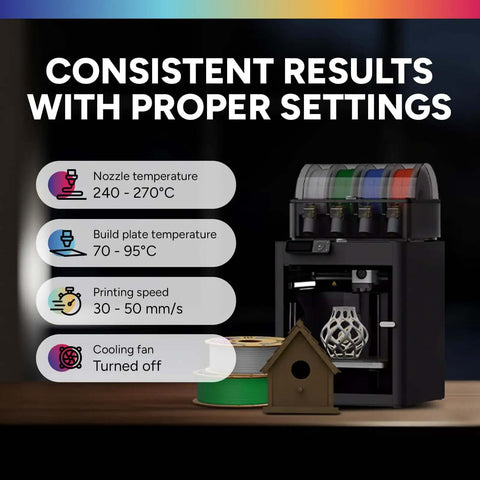 3D printer with settings for ASA 3D Printer Filament 1.75mm, 1 Kg Spool, Outdoor Ready Anti UV, displaying temperature and speed settings.