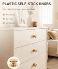 Rose Gold Six Pack Peel And Stick Cabinet Knobs on white dresser drawers in bedroom, self-adhesive, no drill, no tools needed.