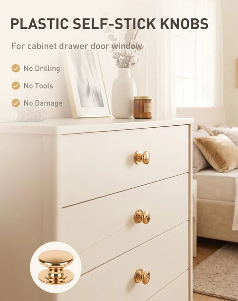 Rose Gold Six Pack Peel And Stick Cabinet Knobs on white dresser drawers in bedroom, self-adhesive, no drill, no tools needed.