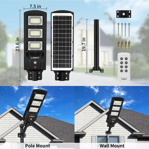 Ridiculously Bright Solar Street Light With 150000 Lumens, 180 LEDs, 18000mAh Battery, Motion Sensor, mounting options shown