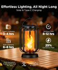 Lit Real Flame Solar Lanterns With USB Charging on outdoor table, showing flame effect and charging information, night setting
