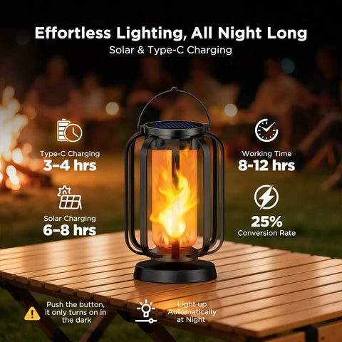 Lit Real Flame Solar Lanterns With USB Charging on outdoor table, showing flame effect and charging information, night setting