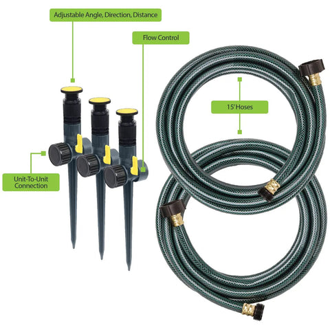 Adjustable Spike Sprinkler Bundle With Three Sprinklers And Two 15 Foot Hoses No Fuss Setup Green And Yellow Covers Up To 1800 Sq Ft
