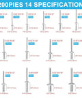 Chart showing 600 Or 1200 Piece Aluminum Pop Rivets Assortment Kit With 14 SAE Sizes Including 3/32 Inch, 1/8 Inch, 5/32 Inch, 3/16 Inch