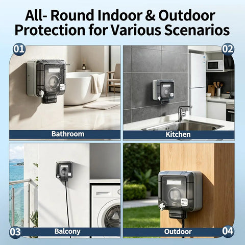 Heavy Duty One Gang Outdoor Electrical Outlet Box Featuring IP66 Weatherproof in use across bathroom, kitchen, balcony, and outdoor settings.