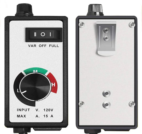 Front and back view of Inline Router Fan Speed Controller For AC Brushed Motors, 120V, 500W-1800W Power, 3-Setting Variable Off Full Switch.