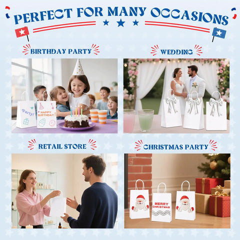 White Kraft Paper Gift Bags With Handles Bulk 5.25 X 3.75 X 8 Inches 1000 Pack Eco Friendly Recycled Paper For Small Business Made In USA Great For Party Favors Weddings Boutiques Retail Stores in various settings