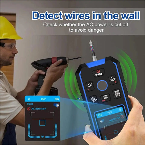 Precision Wall Scanner And Metal Detector Stud Finder for detecting AC wires in walls with LCD panel, used by handyman.
