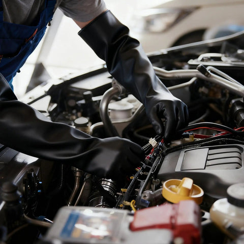 User wearing Heavy Duty Chemical Resistant Rubber Gloves With Killer Anti Slip Grip Long Cuff working on a car engine.