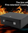 Fireproof Document Box With Key Lock Portable Metal Safe with fire-retardant coating, featuring carry handle and lock, against flames.
