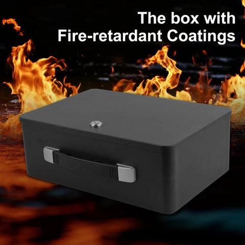 Fireproof Document Box With Key Lock Portable Metal Safe with fire-retardant coating, featuring carry handle and lock, against flames.
