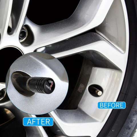 Corvette Tire Valve Stem Caps 4 Pack Aluminum Alloy Black Anodized Protect Valve Stems Durable Wheel Air Caps For C4 C6 C5 C7 C8 Z06 Easy Install Auto Accessory on car wheel close-up, before and after installation view.