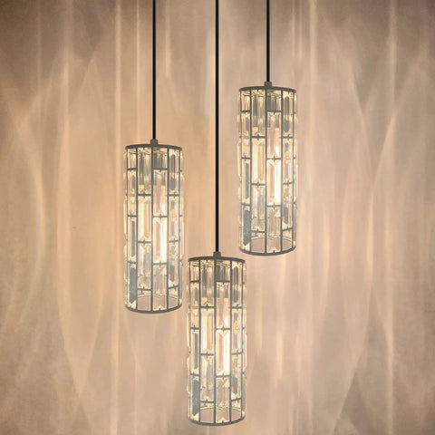 Three Light Crystal Kitchen Island Pendant With Nickel Finish, Dope Modern Crystal Plate Metal Shade Fixture For Bar, Dining Room