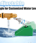 Half Inch Brass Float Valve With Adjustable Arm And 40 PSI Water Level Controller over water with green PVC float