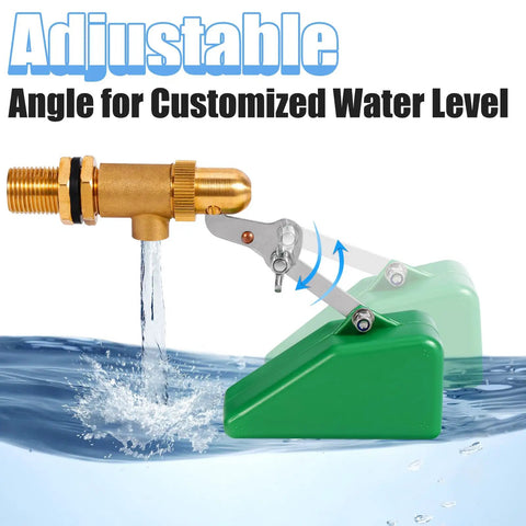 Half Inch Brass Float Valve With Adjustable Arm And 40 PSI Water Level Controller over water with green PVC float