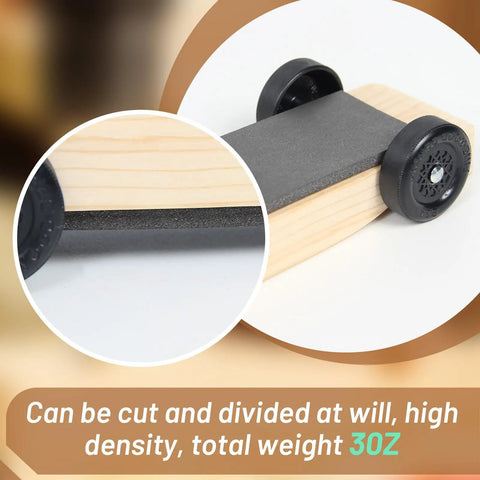 Derby Car Weight Kit with 3 oz adhesive tape weights, cut-to-fit flexible weights, displayed on wooden derby car body