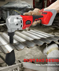 Cordless Metal Nibbler For 18V Batteries With Brushless Motor in use on corrugated metal, includes dust bag and replacement blades
